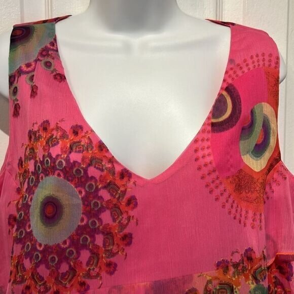 Desigual Pink V Neck Sleeveless Tiered Ruffle Lined Dress Size 44 EU  US Large - Picture 2 of 11